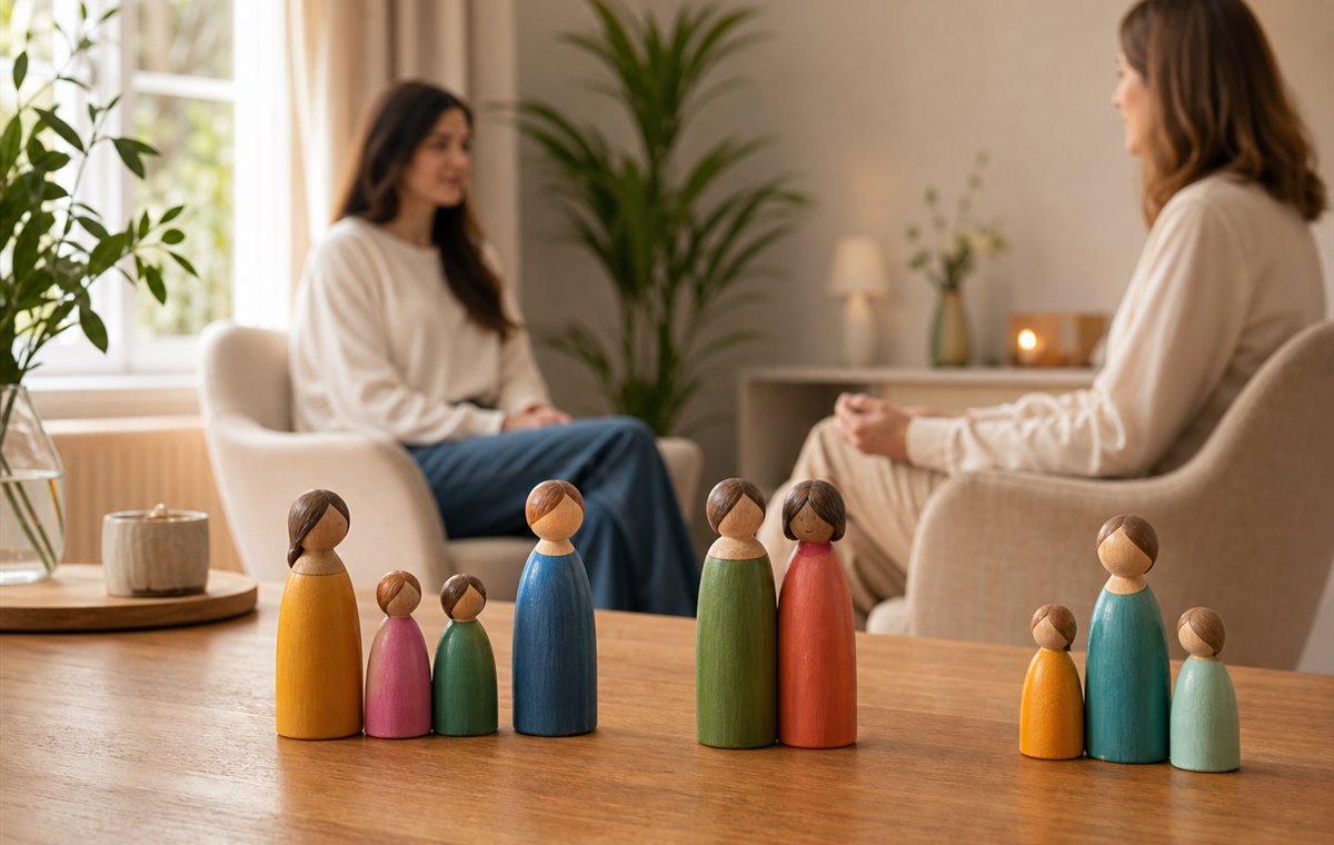 Bonecos coloridos representando v&iacute;nculos familiares em uma sess&atilde;o de Constela&ccedil;&atilde;o Familiar