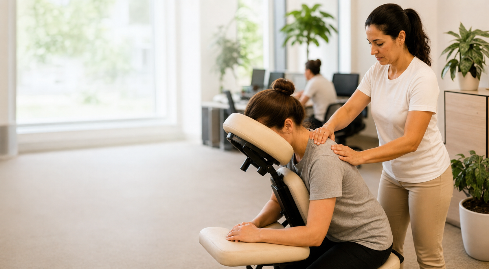 Quick Massage em empresa com atendimento em cadeira ergonomica